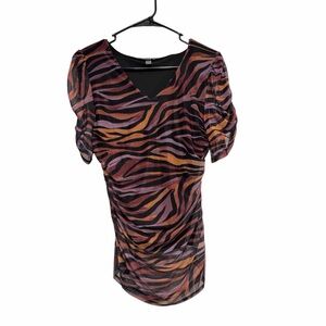 Cable & Gauge V-Neck Zebra-Print Top in Black, Rust & Purple. Pre Loved